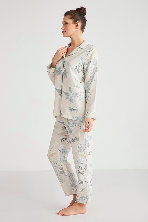 Kadın Uzun Kol Önden Düğmeli Bej Pijama Takım C6T1N6O2 - 4