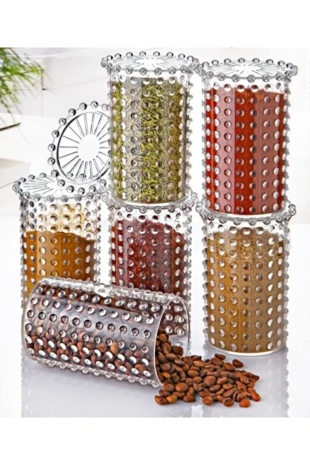 Set of 6 Bead Patterned Jars with 6 Lids Bead Storage Container Spice Rack - 1