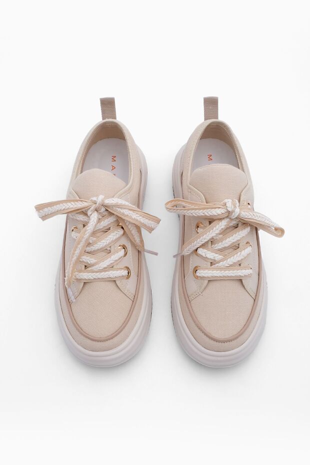 Damen Sneakers mit hoher Sohle aus Leinenstoff, Schnürschuhe, Sportschuhe, Hesna, Beige - 6