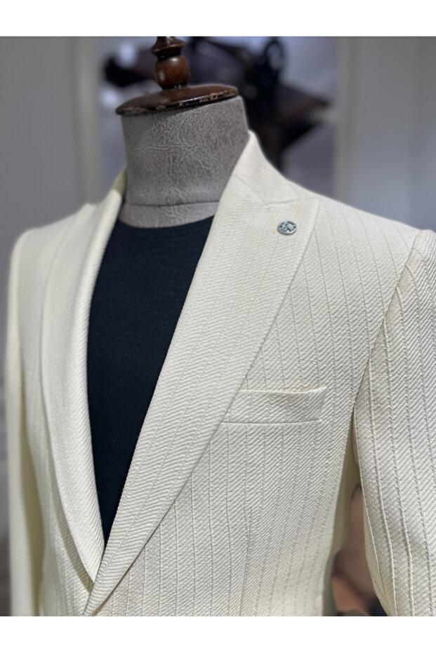 Kratos Slim Fit Krem Örme Ceket - 2