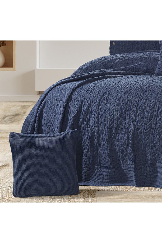 Su 4 Parça Çift Kişilik Tirko Örgülü Yatak Örtüsü Takımı Indigo | Çift Kişilik Battaniye 240 X 260 - 2