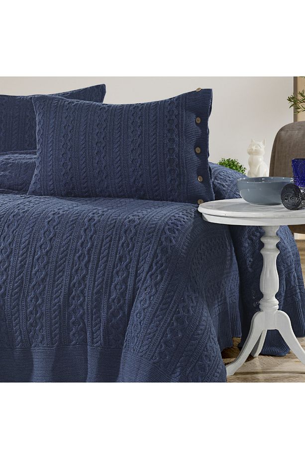 Su 4 Parça Çift Kişilik Tirko Örgülü Yatak Örtüsü Takımı Indigo | Çift Kişilik Battaniye 240 X 260 - 3