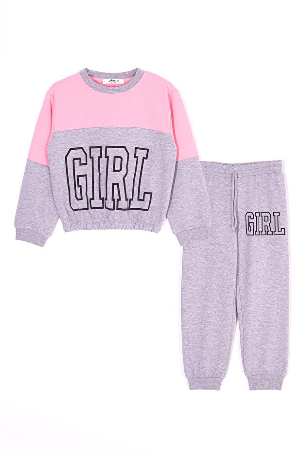 Crew Neck Long Sleeve Light Pink Color Girl's Tracksuit Set