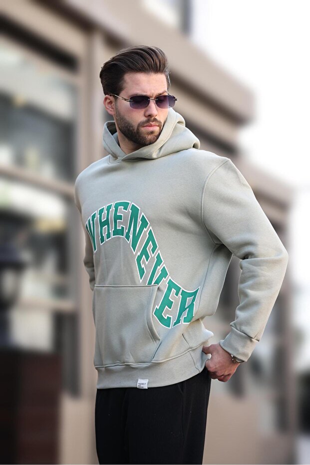 Green Hooded Printed Men's Sweatshirt with Pocket Detail E7065