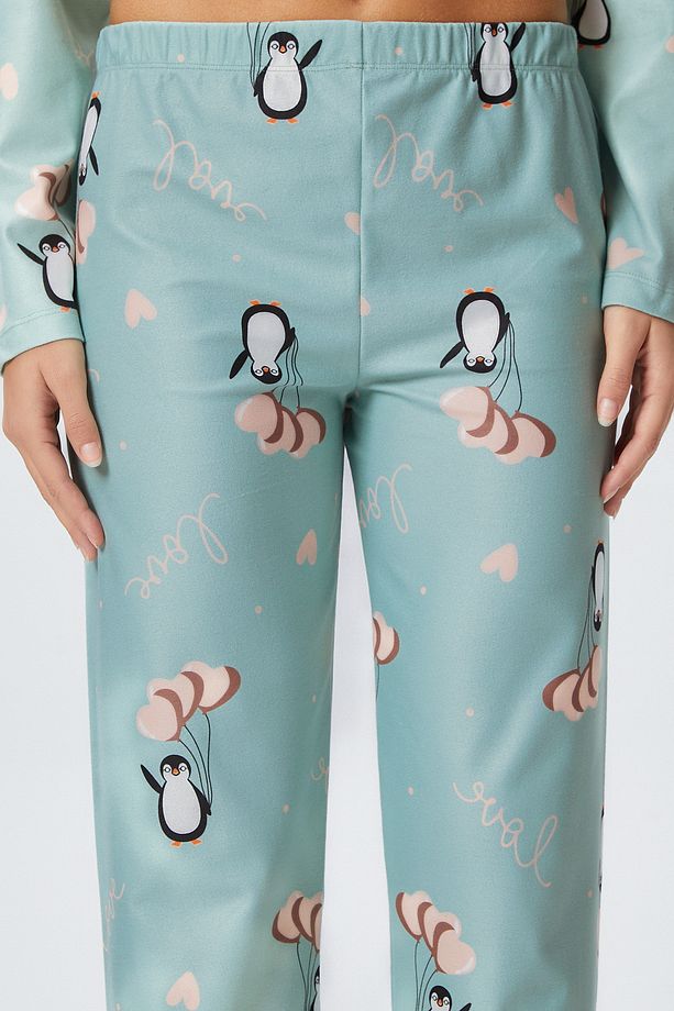 Kadın Nora Premium Mint Penguen Süet Doku Düğmeli Yılbaşı Pijama Takımı - 6