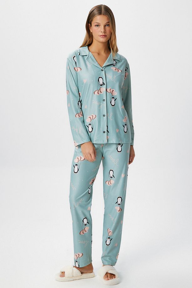 Kadın Nora Premium Mint Penguen Süet Doku Düğmeli Yılbaşı Pijama Takımı - 4