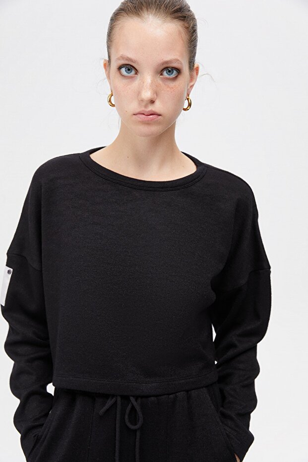 Siyah Basic Kısa Sweatshirt - 1