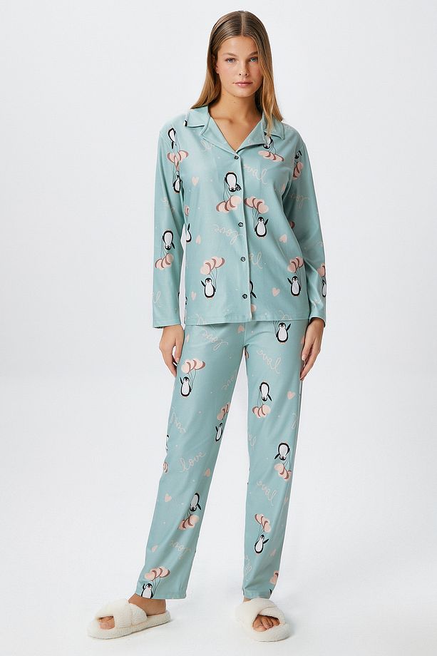 Kadın Nora Premium Mint Penguen Süet Doku Düğmeli Yılbaşı Pijama Takımı - 1