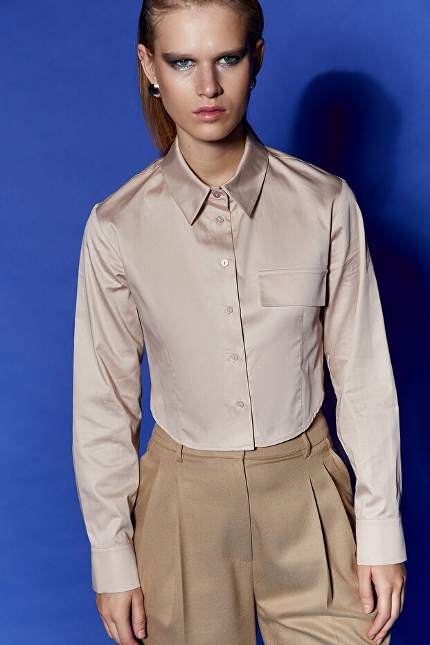 Poplin Bej Crop Gömlek - 5