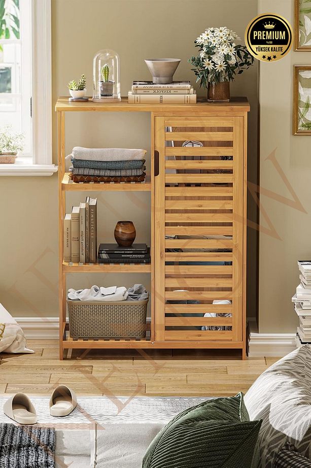 Bambu Masif 3 Raflı Tek Kapaklı Çok Amaçlı Düzenleyici organizer dolap - 4