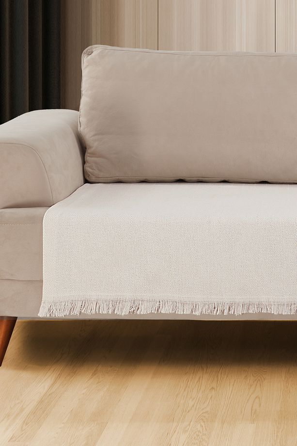 Oturma Yerini Kapatan Saçaklı Koltuk Örtüsü %100 Pamuk 115x200cm Ekru - 2