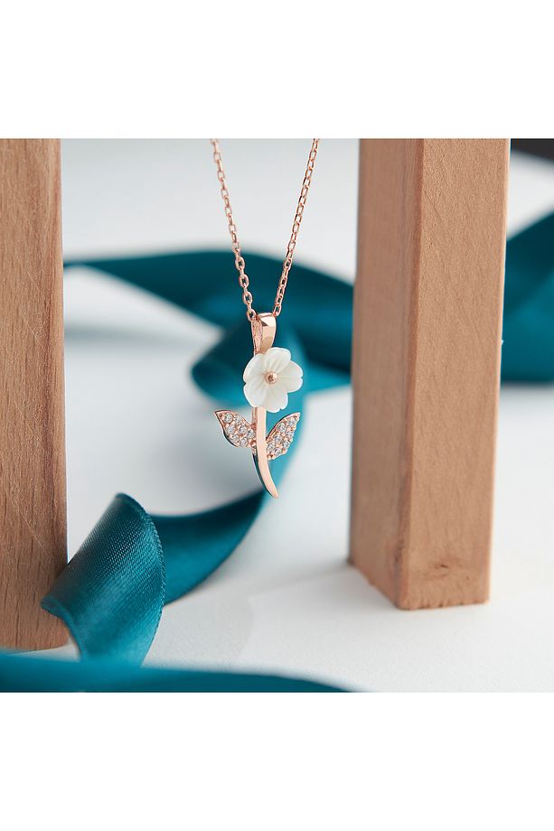 925 Ayar Rose Kaplama Manolya Çiçekli Yaprak Model Kolye- Bileklik İkili Gümüş Set - 3