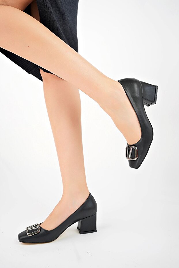 V-Buckle Cornered Black Leather Women's Shoes