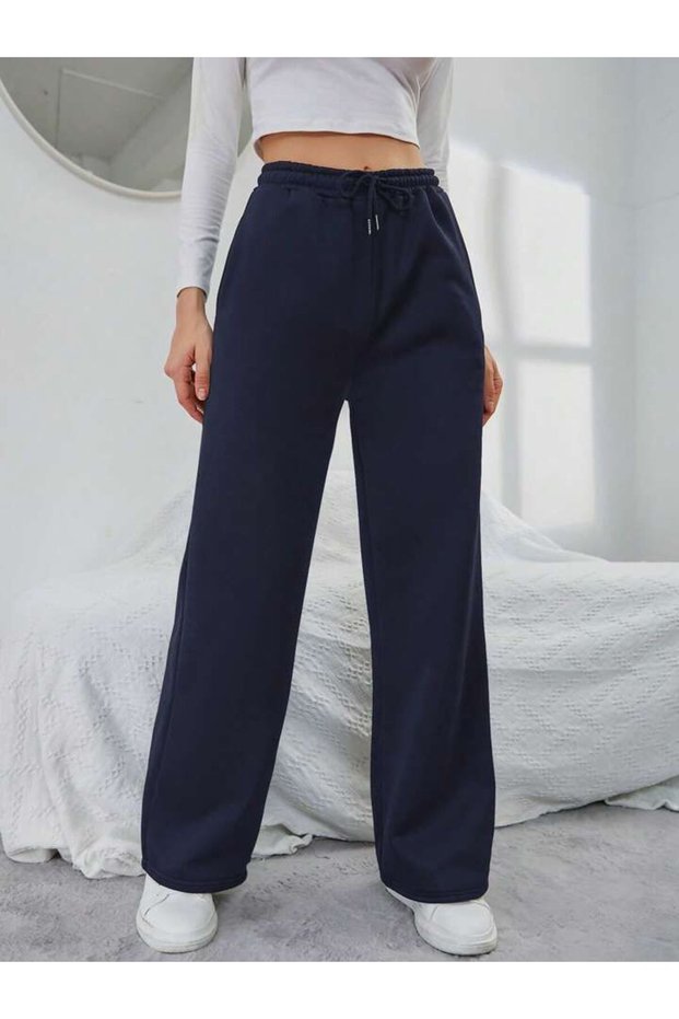 Navy Blue Winter Thick Raised Fleece Inside High Waist Loose Leg Lace-Up Hidden Pocket Sweatpants