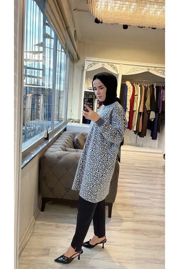 İNVEE 7067 Leopar Desenli Antrasit Tunik - 5