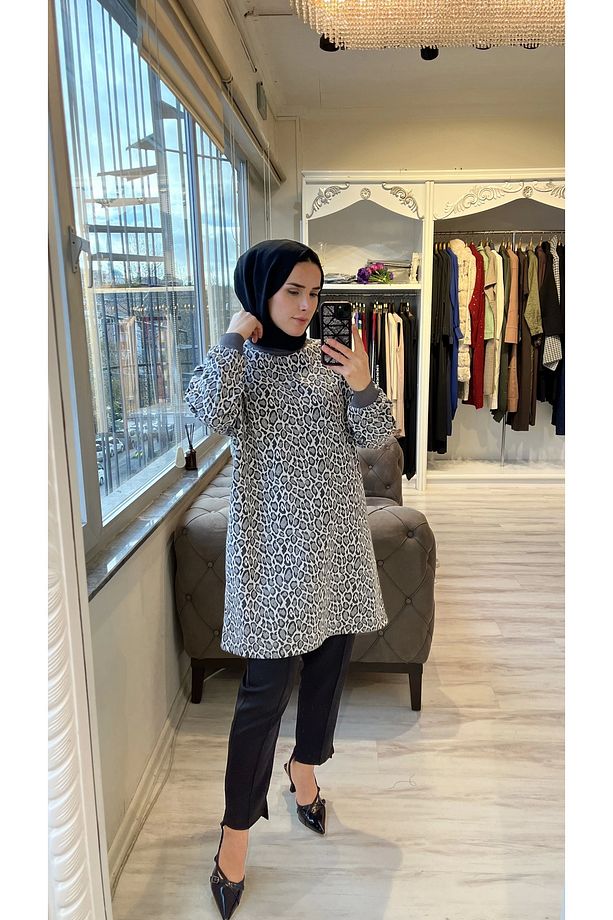 İNVEE 7067 Leopar Desenli Antrasit Tunik - 3