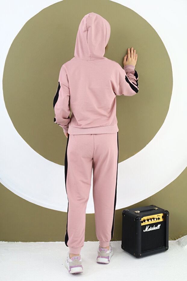 Kız Çocuk %100 Pamuk Kapüşonlu Dar Paça Çocuk Eşofman Takımı - 5