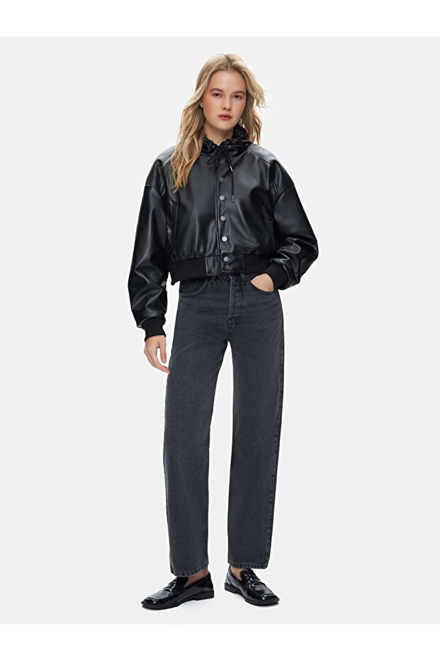 Oversıze Kapüşonlu Siyah Ceket - 1