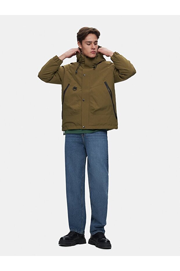 Kapüşonlu Teknık Yeşil Mont - 5