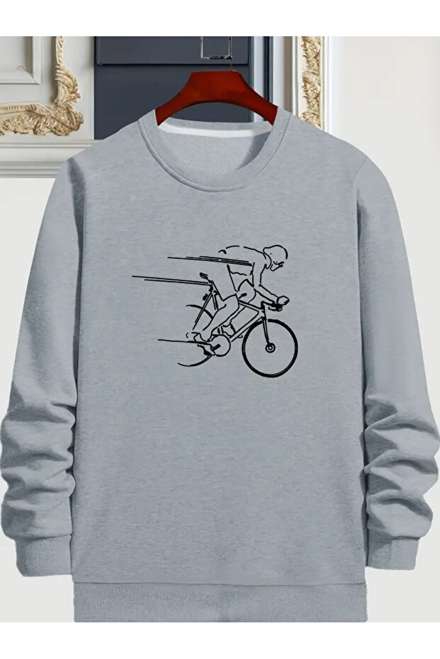 Men's Bicycle Printed Sweatshirt Oversize Casual Gray Black Sweatshirt