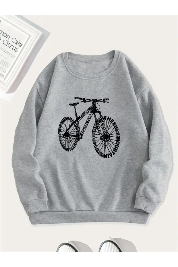 Men's Bicycle Printed Sweatshirt Oversize Casual Gray Black Sweatshirt