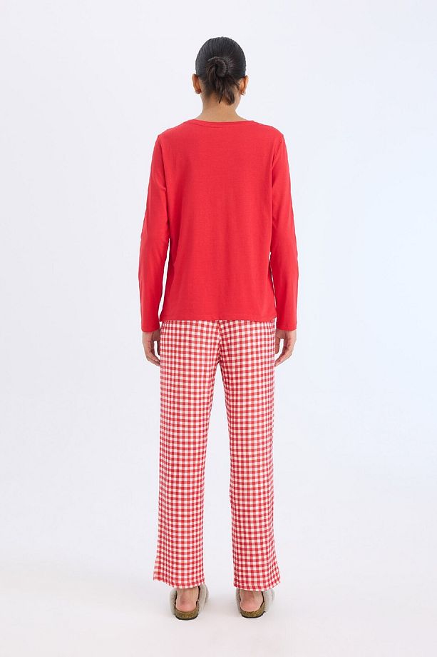 Fall in Love Pijama Takımı Regular Fit Uzun Kollu Üst Kareli Uzun Alt D2303AX24WN - 6