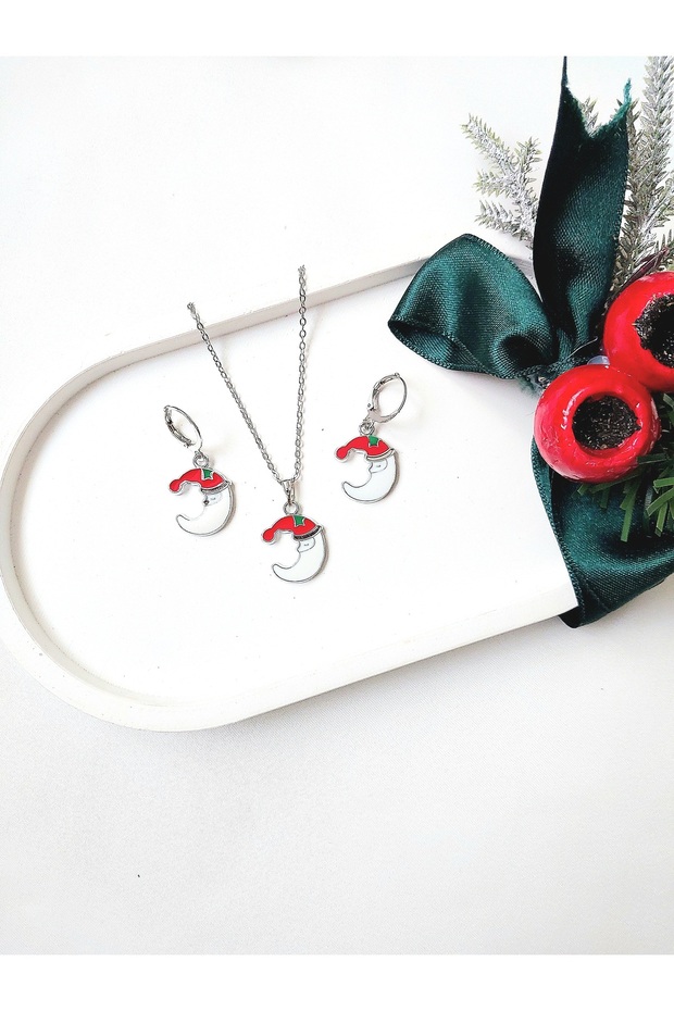 New Year Christmas Themed Silver Necklace and Earring Set