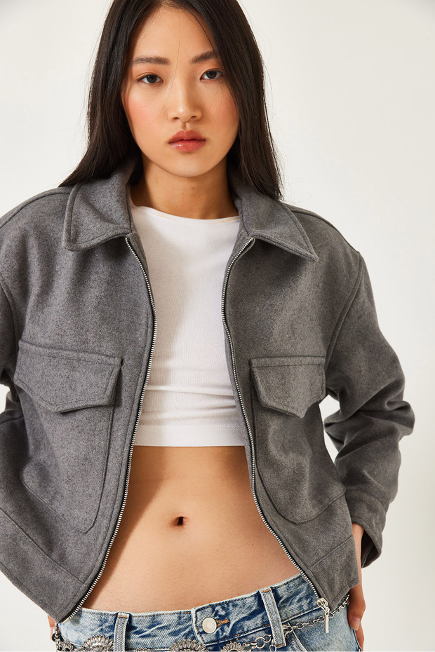 Women's Gray Soft Cashmere Crop Jacket Mbms013 60501013