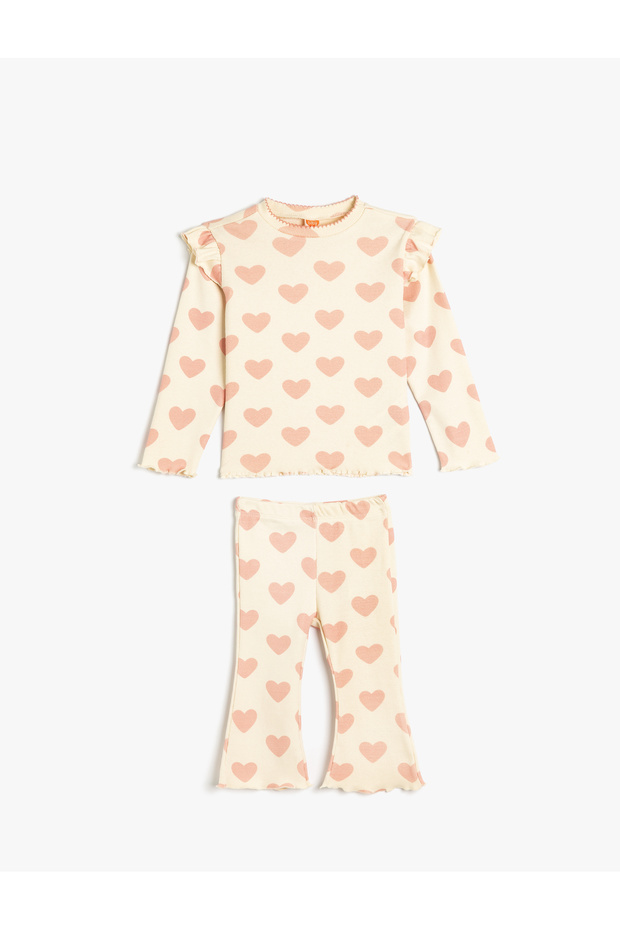 Heart Ruffle Detailed Crew Neck 2-Piece Tracksuit Set