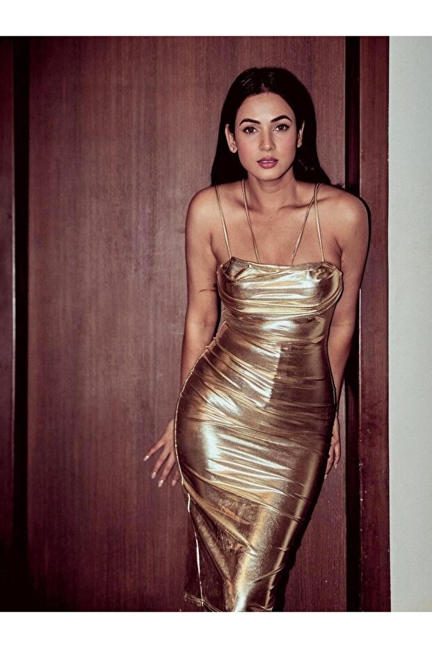 Gold Drapeli Elbise - 4