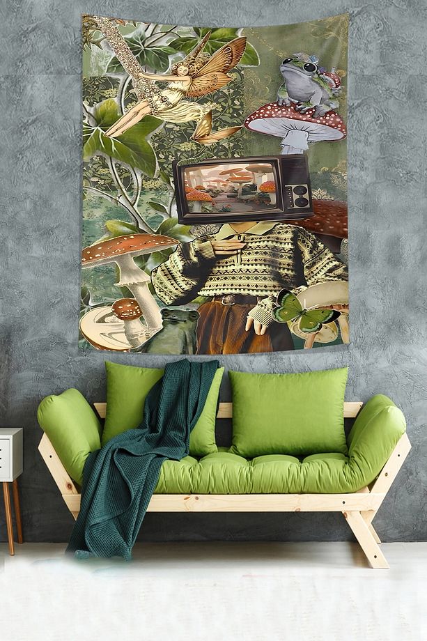 Vintage Tema Orman Mantar ve Kurbağa Desenli Leke Tutmaz Kumaş Duvar Örtüsü Duvar Halısı Tapestry - 2