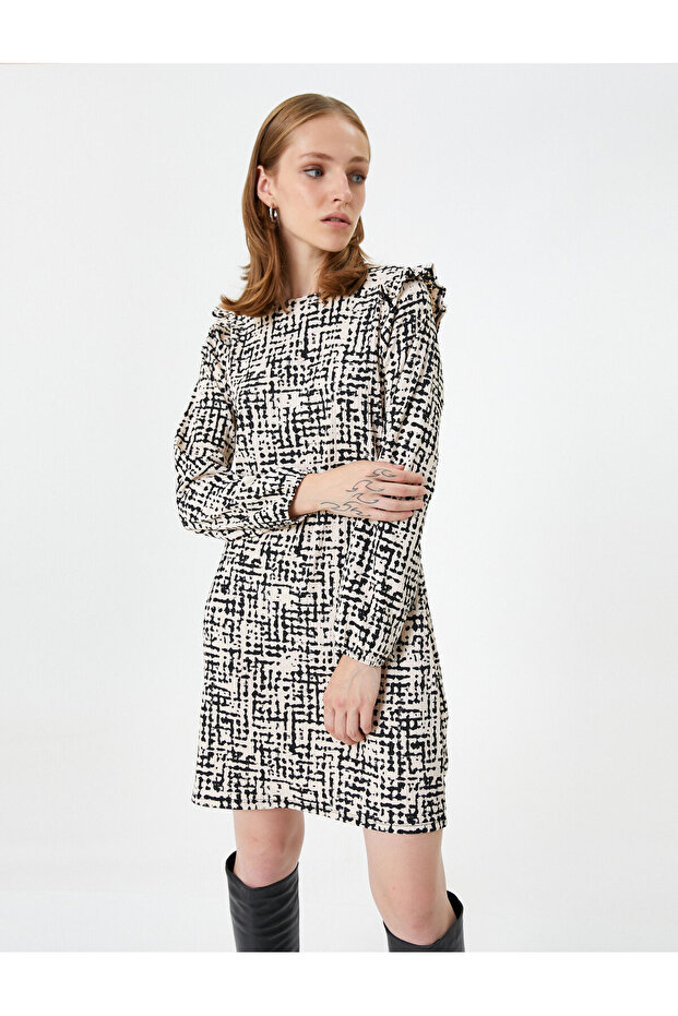 Ruffled Balloon Sleeve Dress with Crew Neck
