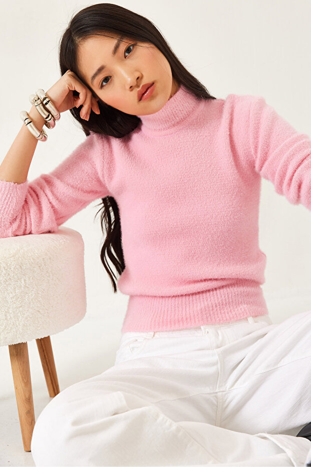 Women's Pink Half Turtleneck Soft Knitwear Sweater 60261217