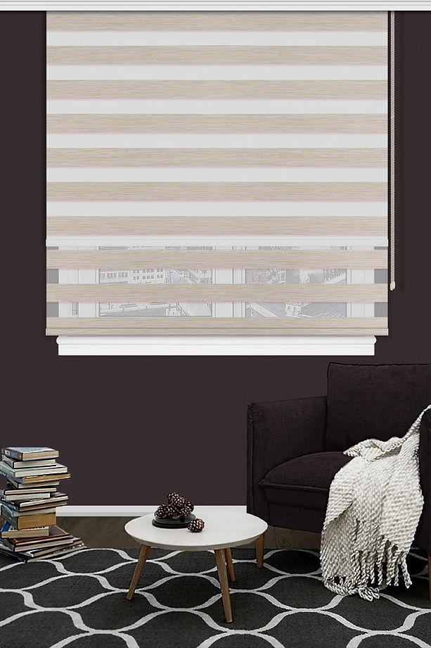 Çift Mekanizmalı Zebra Stor Güneşlik Perde 02 Bej Mutfak Balkon Perdesi Çocuk Yatak Odası Perdesi - 3