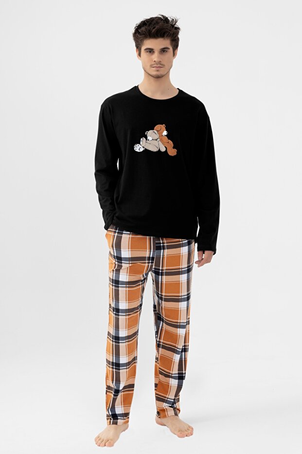 Men's Cotton Long Sleeve Teddy Bear Printed Lower Plaid Pocket Detailed Pajamas Set