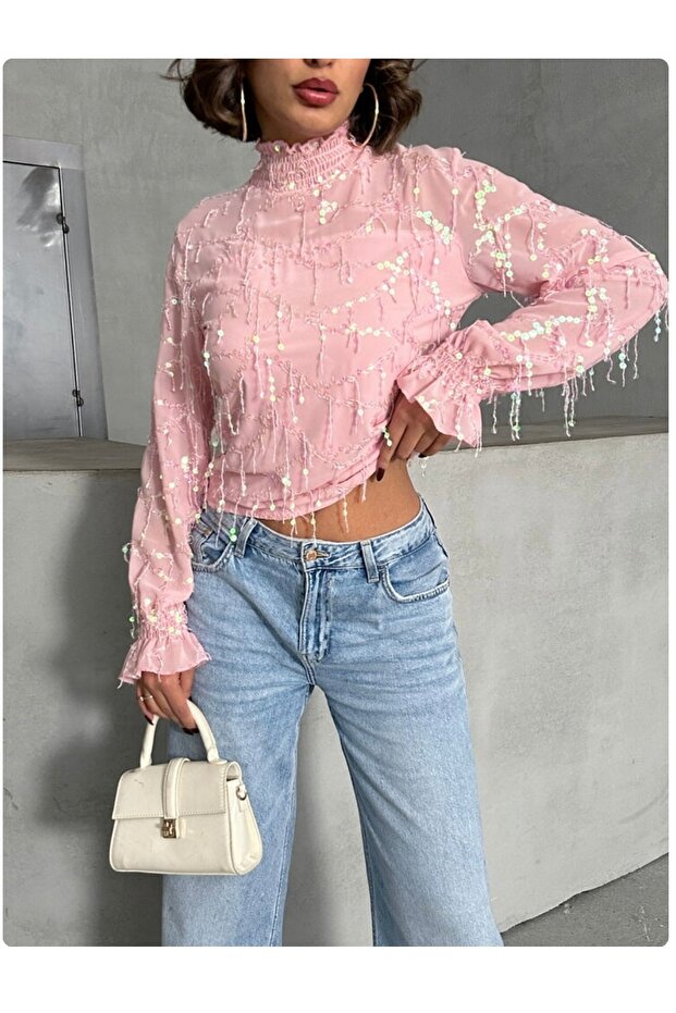 PEMBE SAÇAKLI PULLU BLUZ - 1