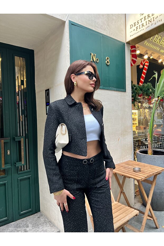 طقم جاكيت بنطلون مبطن من التويد - 1