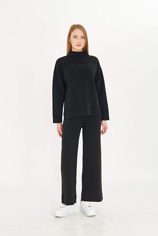 Women's Black Plain Oversize Top and Bottom Set 1308