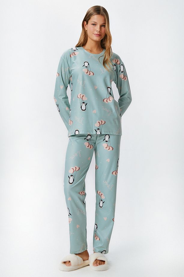 Kadın Ely Premium Bisiklet Yaka Mint Penguen Süet Doku Yılbaşı Pijama Takımı - 3