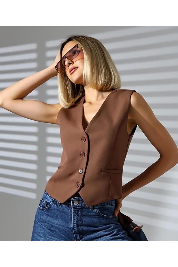 Astarlı Crop Blezer Yelek - 1