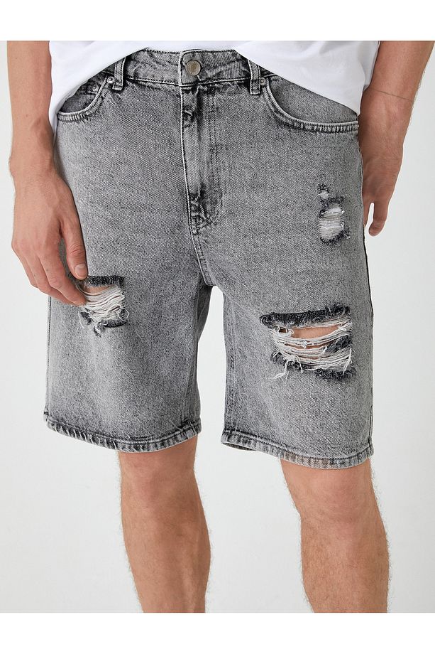 Oversize Kot Şort Bermuda Cepli Yıpratma Detaylı - 5