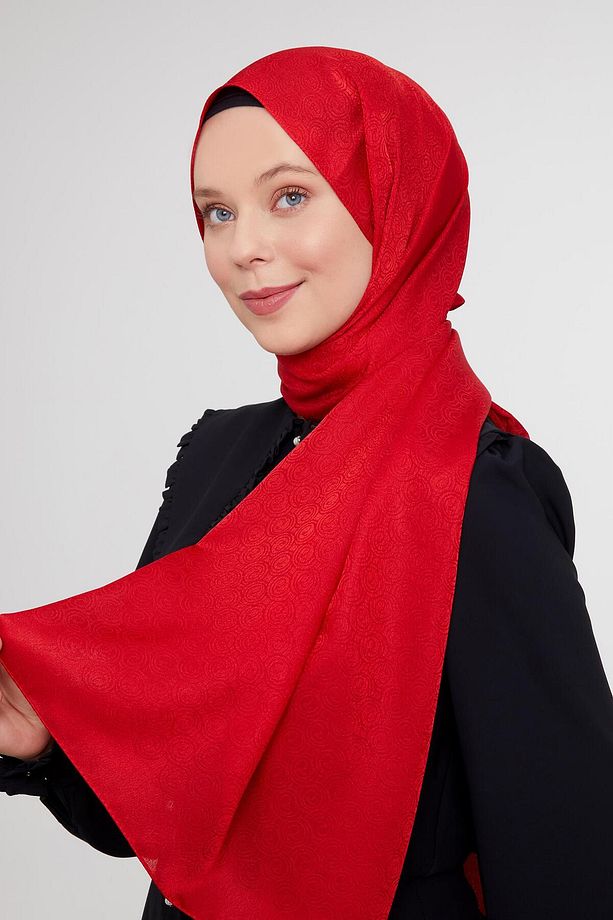Kırmızı Yuvarlak Desen Jakarlı Janjan Şal - 3