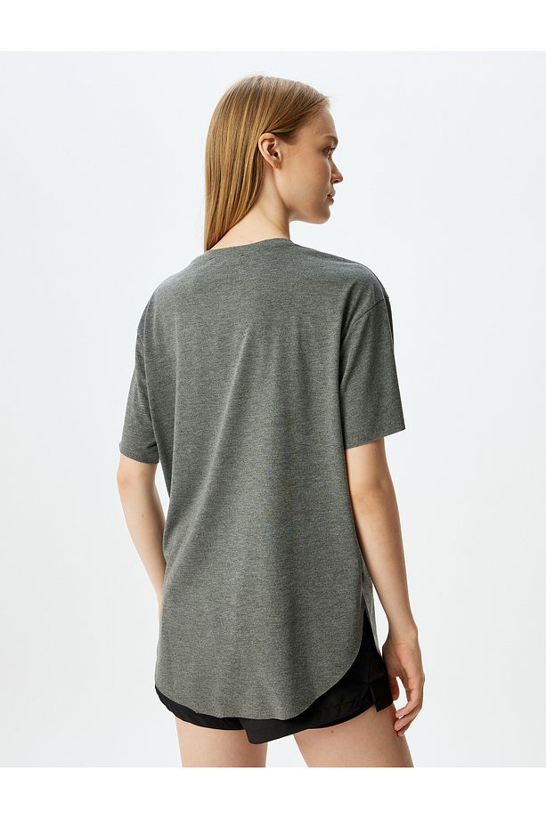 Oversize Kısa Kollu Slogan Baskılı Bisiklet Yaka Spor Tişört - 4