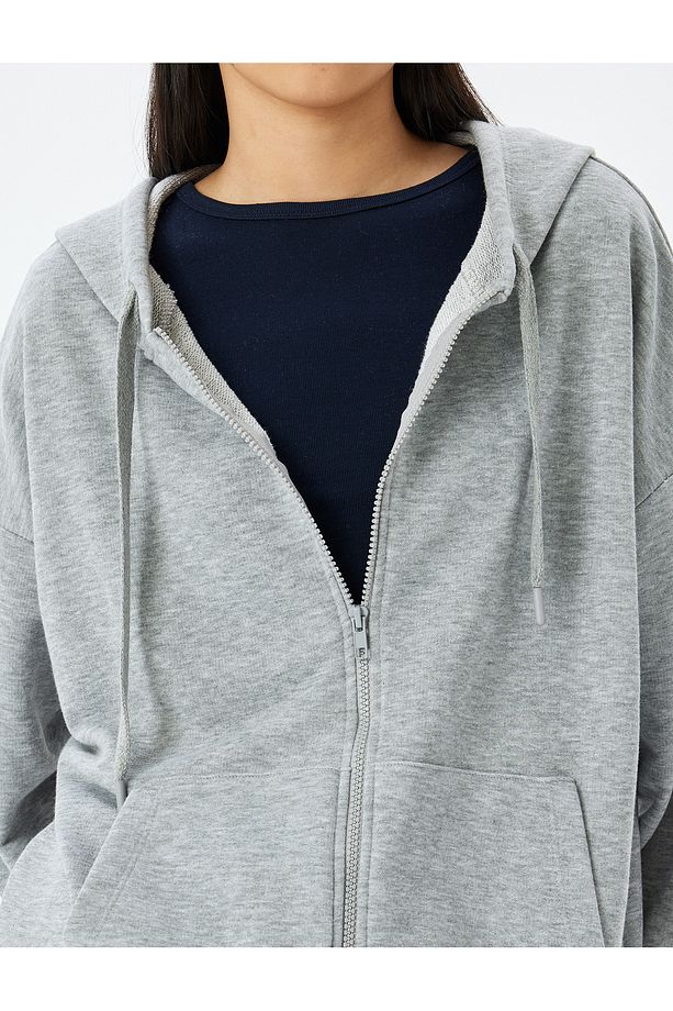Fermuarlı Kanguru Cepli Oversize Kapüşonlu Sweatshirt - 5
