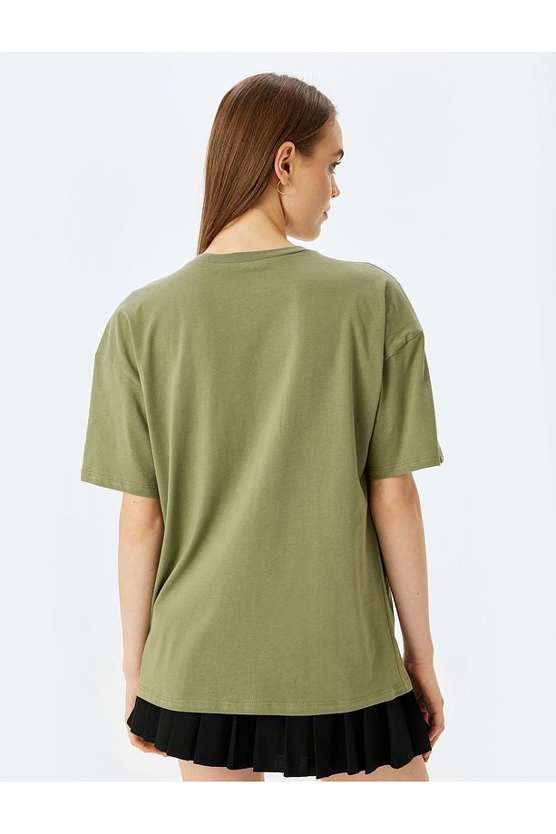 Slogan Baskılı Kısa Kollu Bisiklet Yaka Oversize Tişört - 4