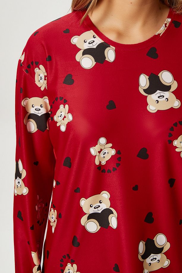 Kadın Ely Premium Bisiklet Yaka Kırmızı Ayıcık Süet Doku Yılbaşı Pijama Takımı - 2