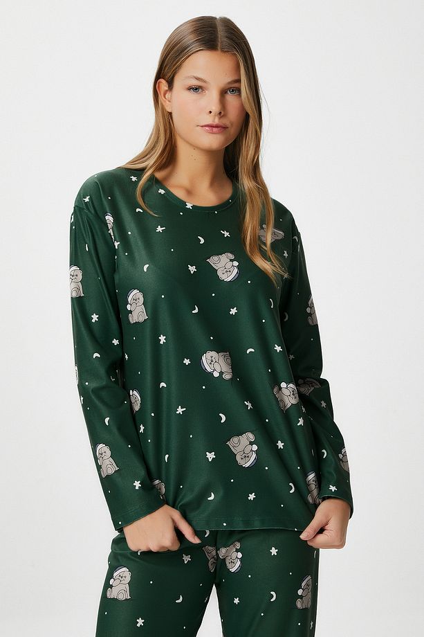 Kadın Ely Premium Bisiklet Yaka Yeşil Ayıcık Süet Doku Yılbaşı Pijama Takımı - 1