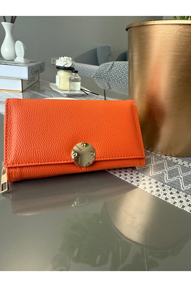 Orange Color Gold Plated Detailed Multi-Compartment Women's Wallet