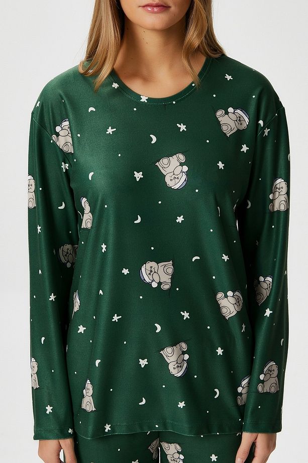 Kadın Ely Premium Bisiklet Yaka Yeşil Ayıcık Süet Doku Yılbaşı Pijama Takımı - 5
