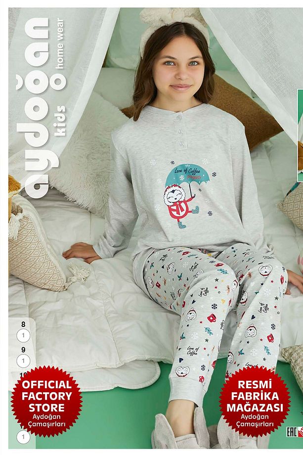 Kız Çocuk Gri Garson Pijama Takımı %100 Pamuk İnterlok Uzun Kol A11-1 - 240721 - Aydogan ® - 4